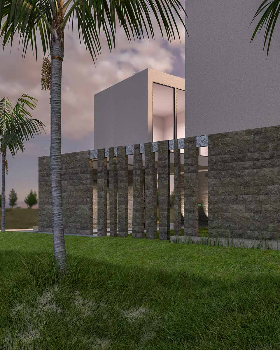 Render exterior de una Casa contemporánea con elementos de piedra y entorno natural