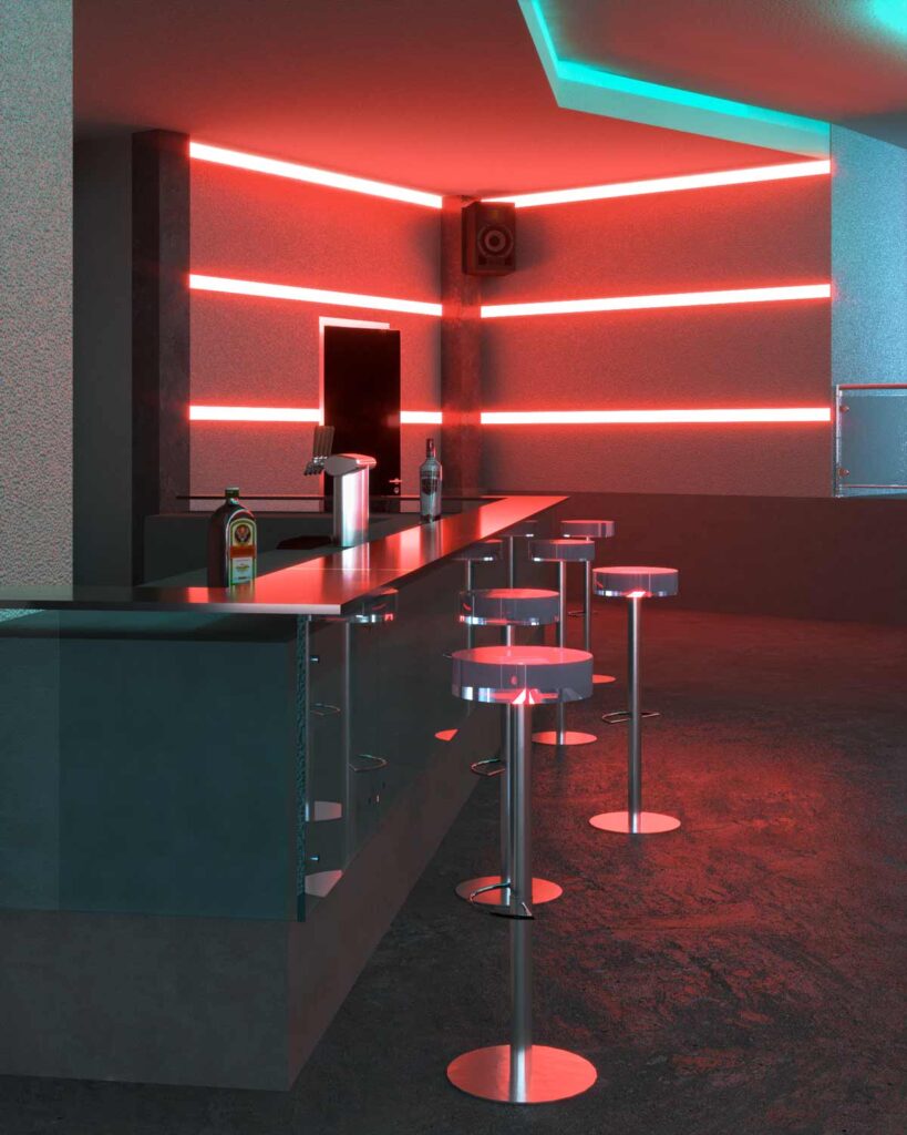 Bar moderno con luces de neón rojas.