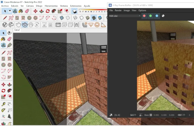 Proyecto arquitectónico en SketchUp Pro con renderizado en V-Ray mostrando un diseño de patio con muros de ladrillo y pisos de cerámica