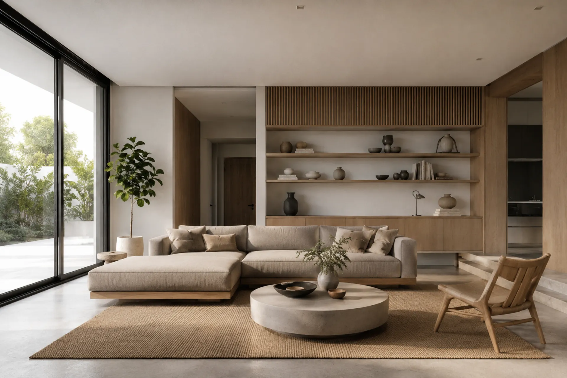 Render salón minimalista cálido — Brito3D